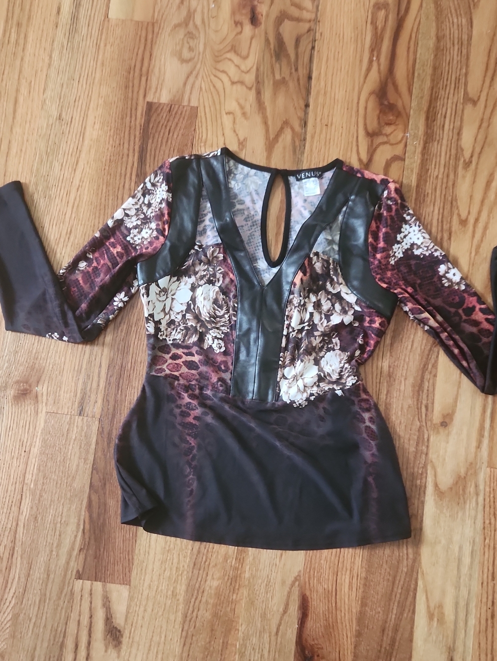 VENUS Brown Floral & Faux-Leather Trim Long Sleeve Top